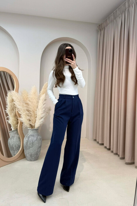 ONE COLOR SEMI ELASTIC WAIST WOMEN TROUSERS BLUE/BLU - 3