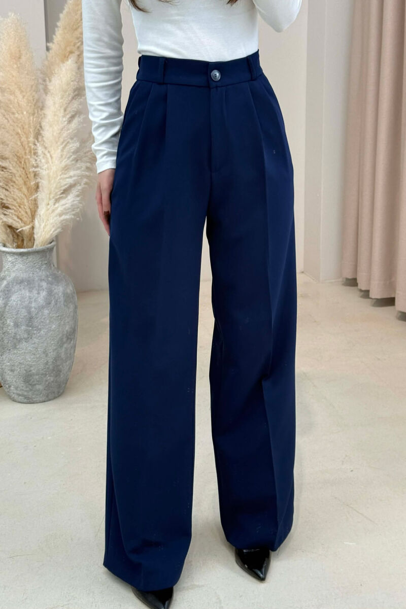 ONE COLOR SEMI ELASTIC WAIST WOMEN TROUSERS BLUE/BLU - 4