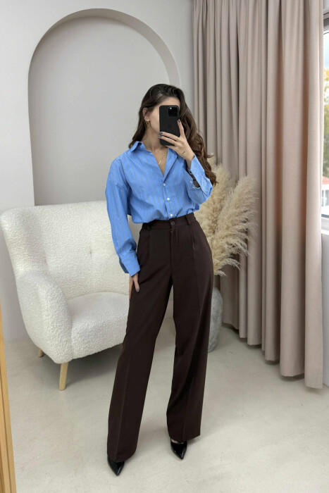 ONE COLOR SEMI ELASTIC WAIST WOMEN TROUSERS BROWN/KAFE - KLAUDIO FASHION