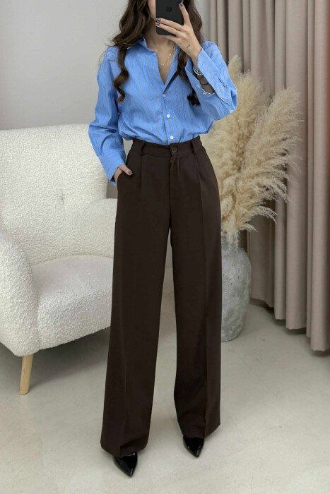 ONE COLOR SEMI ELASTIC WAIST WOMEN TROUSERS BROWN/KAFE 