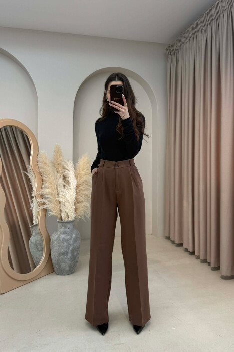 ONE COLOR SEMI ELASTIC WAIST WOMEN TROUSERS BROWN/KAFE - 2