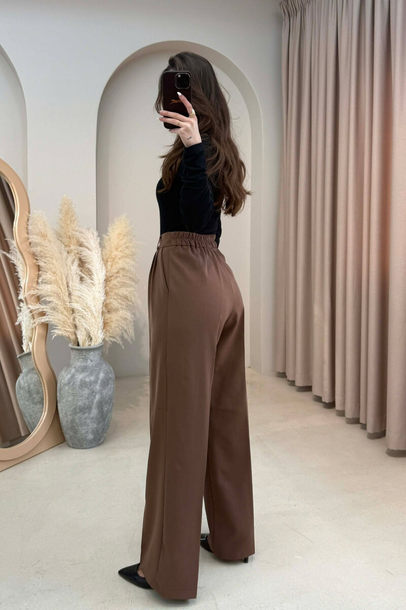 ONE COLOR SEMI ELASTIC WAIST WOMEN TROUSERS BROWN/KAFE - 3