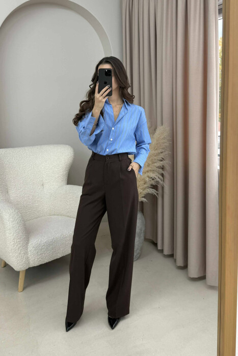 ONE COLOR SEMI ELASTIC WAIST WOMEN TROUSERS BROWN/KAFE - 3