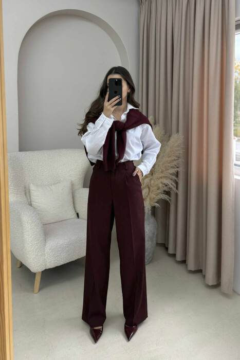 ONE COLOR SEMI ELASTIC WAIST WOMEN TROUSERS BURGUNDY/VISHNJE - 2