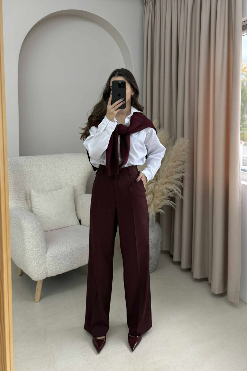ONE COLOR SEMI ELASTIC WAIST WOMEN TROUSERS BURGUNDY/VISHNJE - 2