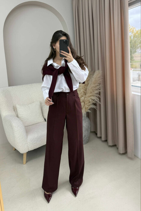 ONE COLOR SEMI ELASTIC WAIST WOMEN TROUSERS BURGUNDY/VISHNJE - 3