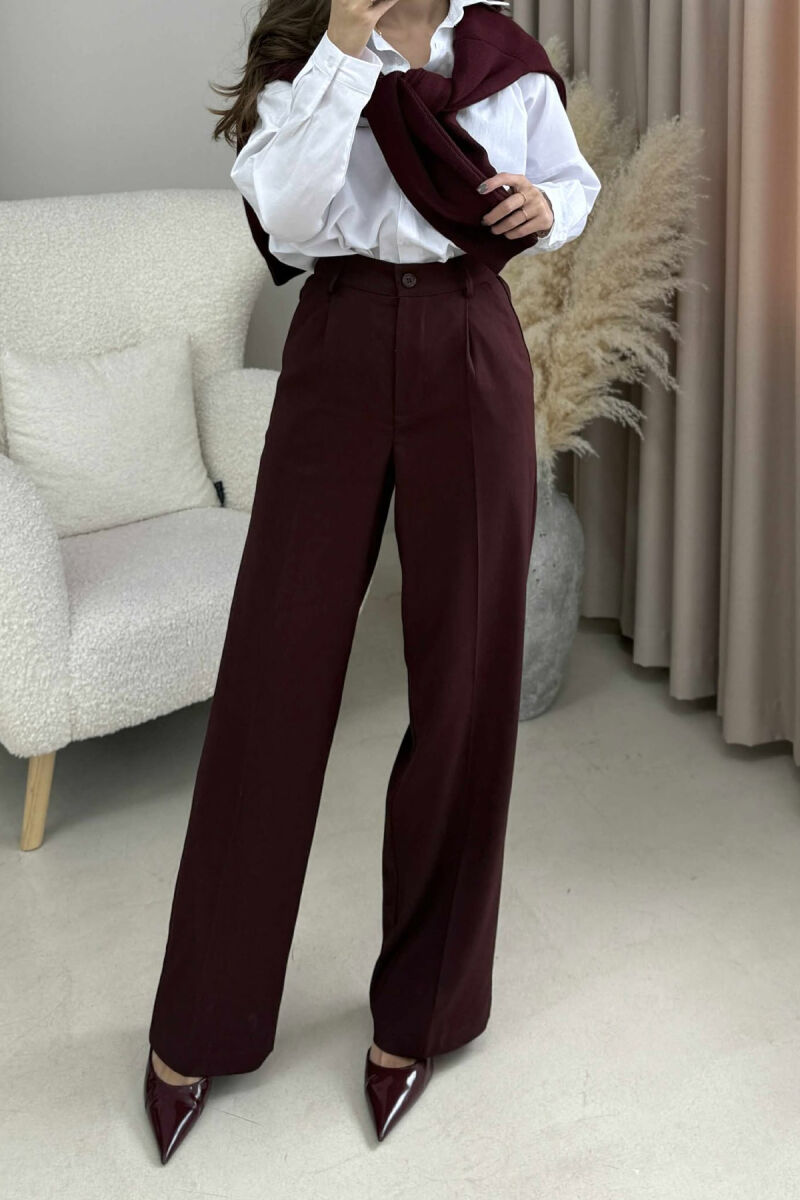ONE COLOR SEMI ELASTIC WAIST WOMEN TROUSERS BURGUNDY/VISHNJE - 1