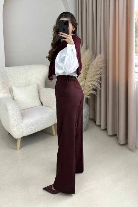 ONE COLOR SEMI ELASTIC WAIST WOMEN TROUSERS BURGUNDY/VISHNJE - 4