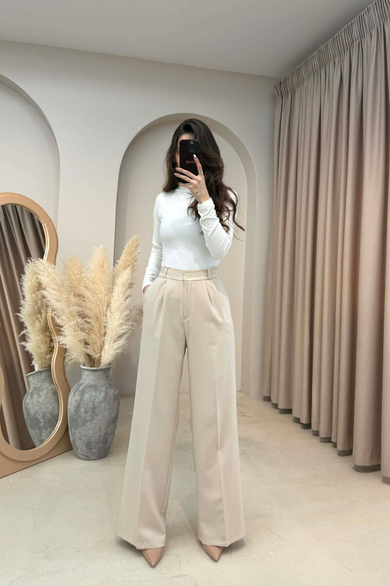 ONE COLOR SEMI ELASTIC WAIST WOMEN TROUSERS CREAM/KREM - 1