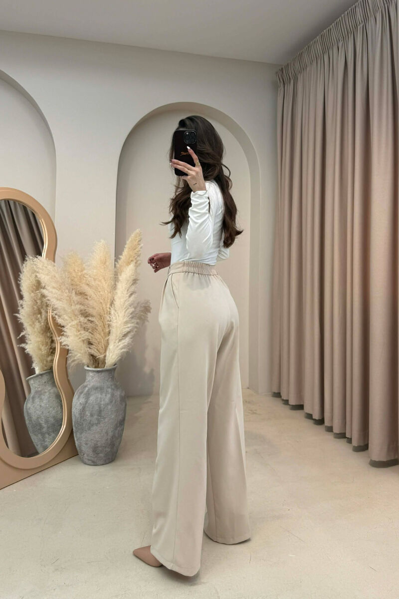ONE COLOR SEMI ELASTIC WAIST WOMEN TROUSERS CREAM/KREM - 2