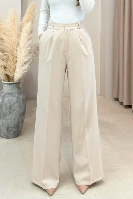 ONE COLOR SEMI ELASTIC WAIST WOMEN TROUSERS CREAM/KREM - 3