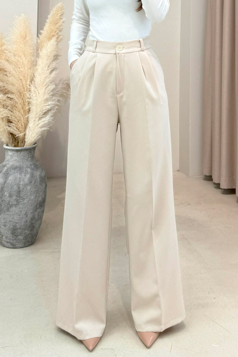 ONE COLOR SEMI ELASTIC WAIST WOMEN TROUSERS CREAM/KREM - 3