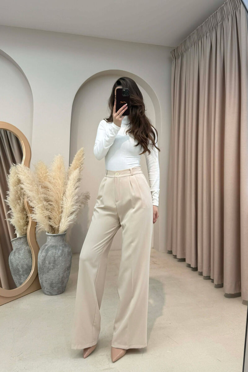 ONE COLOR SEMI ELASTIC WAIST WOMEN TROUSERS CREAM/KREM - 4