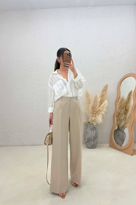 ONE COLOR SEMI ELASTIC WAIST WOMEN TROUSERS DARK BEIGE/BEZHE ERRET - 1