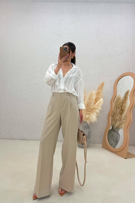 ONE COLOR SEMI ELASTIC WAIST WOMEN TROUSERS DARK BEIGE/BEZHE ERRET - 3