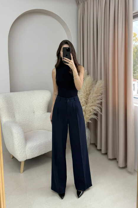 ONE COLOR SEMI ELASTIC WAIST WOMEN TROUSERS DARK BLUE/BEE - KLAUDIO FASHION