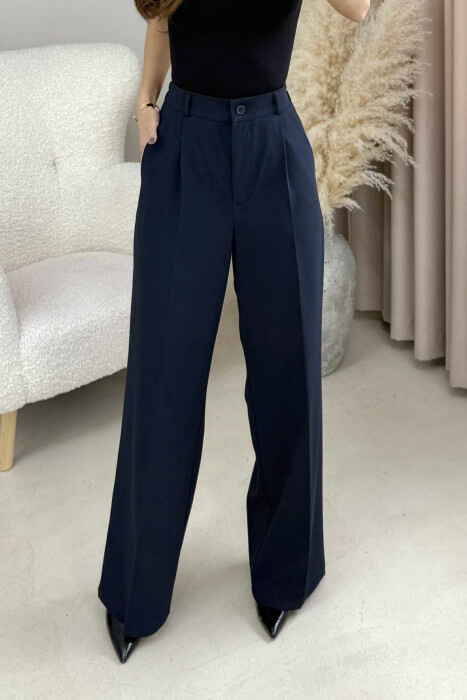 ONE COLOR SEMI ELASTIC WAIST WOMEN TROUSERS DARK BLUE/BEE 