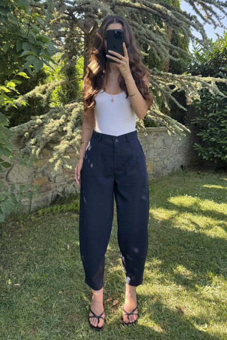 ONE COLOR SEMI ELASTIC WAIST WOMEN TROUSERS DARK BLUE/BEE - 3