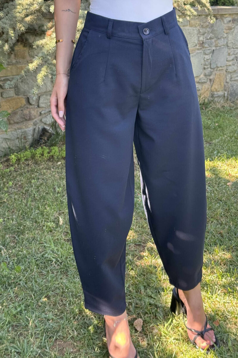 ONE COLOR SEMI ELASTIC WAIST WOMEN TROUSERS DARK BLUE/BEE - 4