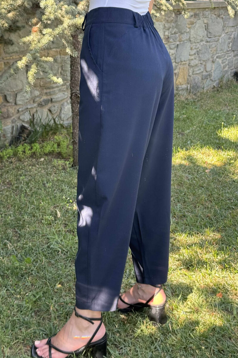 ONE COLOR SEMI ELASTIC WAIST WOMEN TROUSERS DARK BLUE/BEE - 5