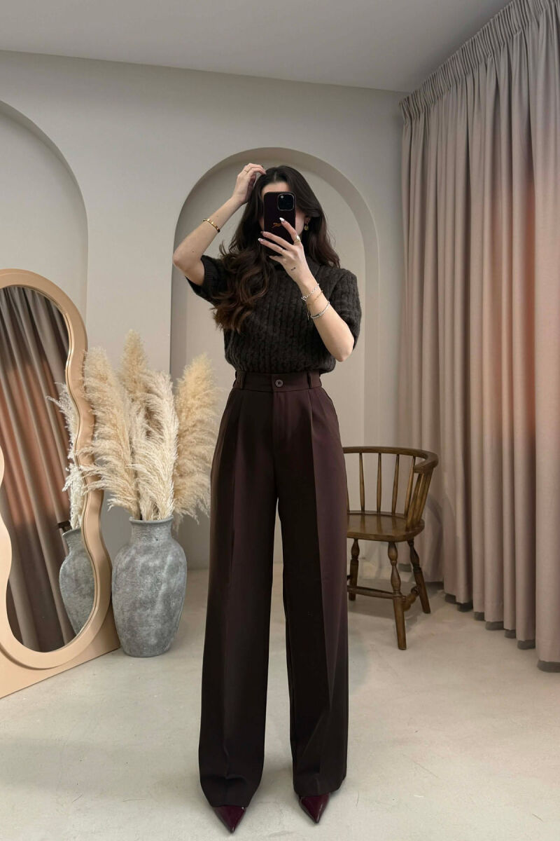 ONE COLOR SEMI ELASTIC WAIST WOMEN TROUSERS DARK BROWN/KAE - 1