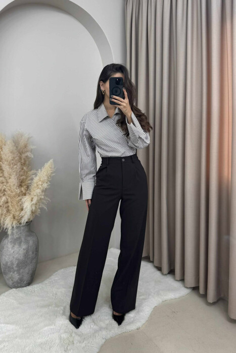 ONE COLOR SEMI ELASTIC WAIST WOMEN TROUSERS DARK BROWN/KAE - 1