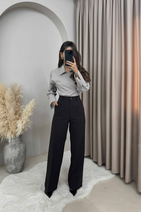 ONE COLOR SEMI ELASTIC WAIST WOMEN TROUSERS DARK BROWN/KAE - 3