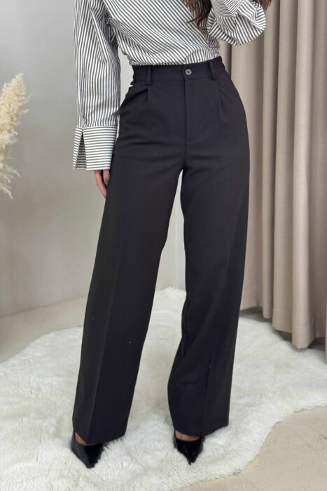 ONE COLOR SEMI ELASTIC WAIST WOMEN TROUSERS DARK BROWN/KAE - 4