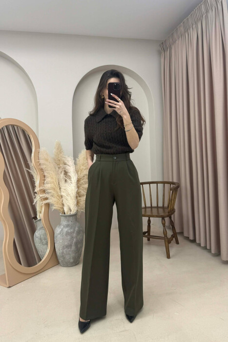 ONE COLOR SEMI ELASTIC WAIST WOMEN TROUSERS DARK GREEN/JEE 