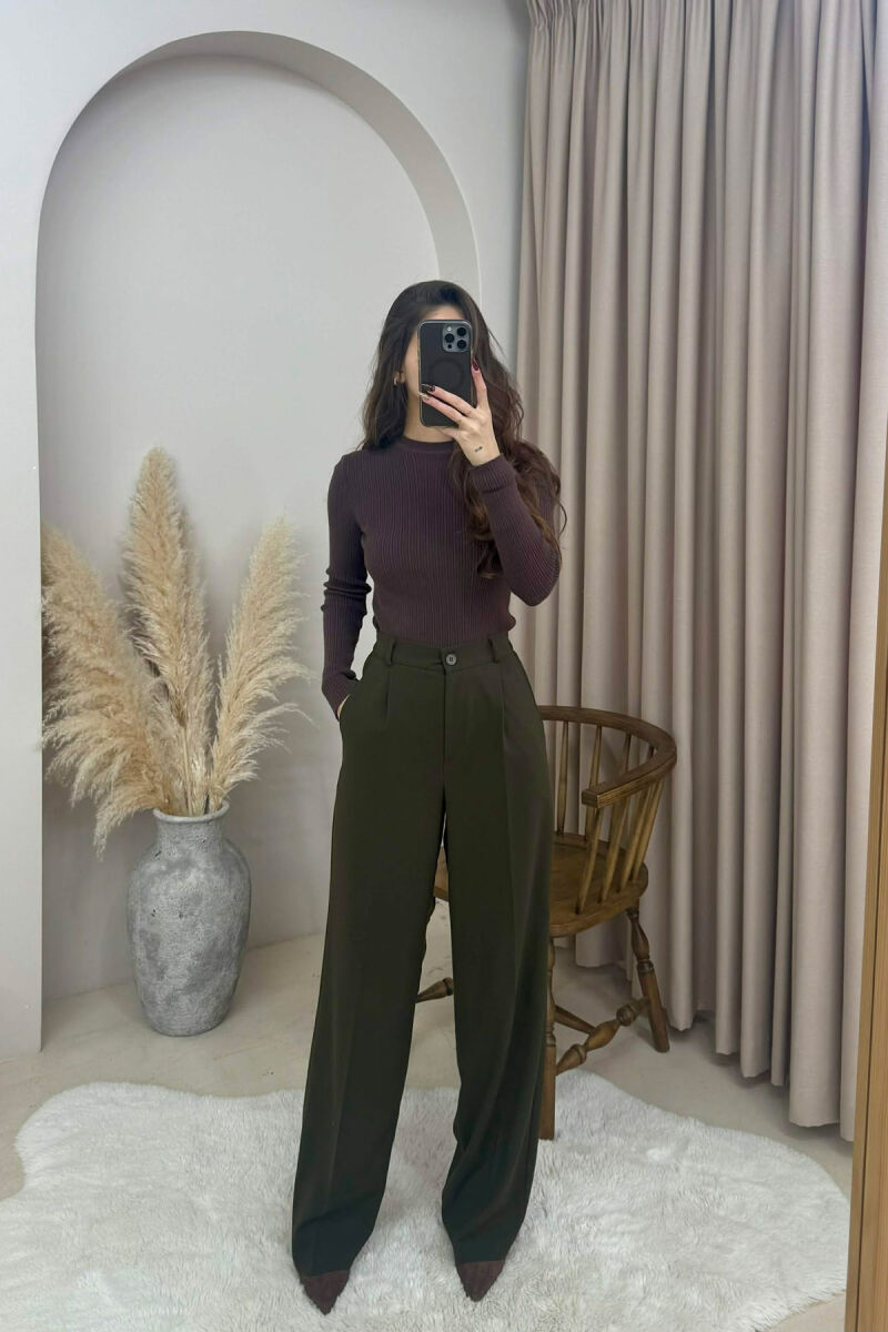 ONE COLOR SEMI ELASTIC WAIST WOMEN TROUSERS DARK GREEN/JEE - 2