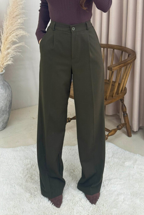 ONE COLOR SEMI ELASTIC WAIST WOMEN TROUSERS DARK GREEN/JEE - 1
