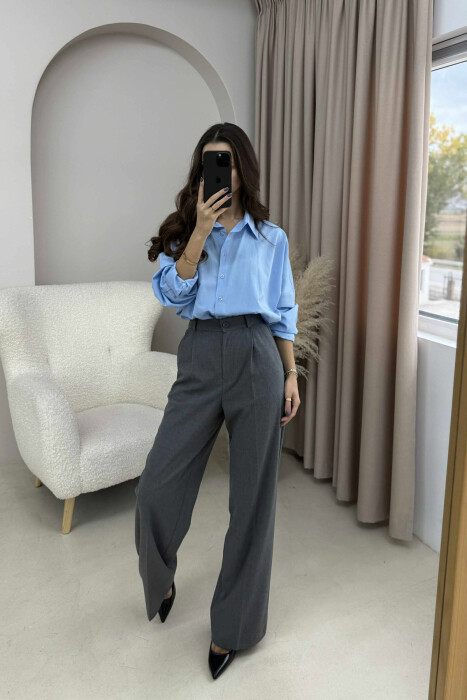 ONE COLOR SEMI ELASTIC WAIST WOMEN TROUSERS DARK GREY/GEE - 3