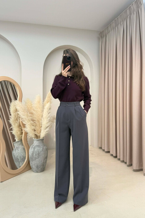 ONE COLOR SEMI ELASTIC WAIST WOMEN TROUSERS GREY-GREY/GG - 1
