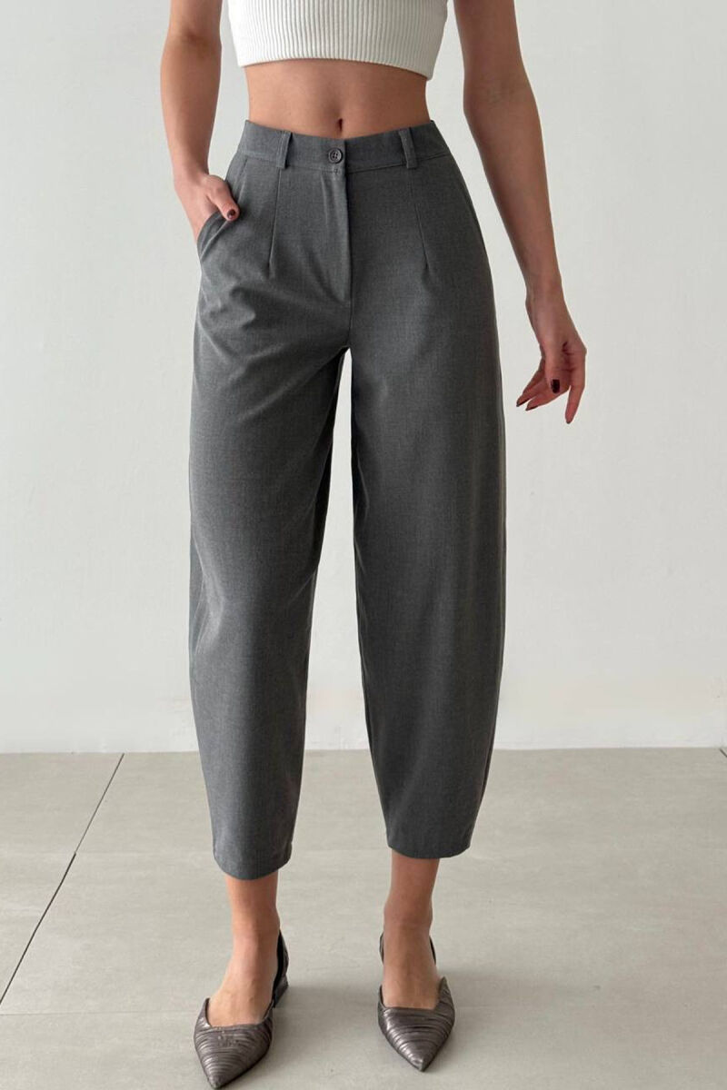 ONE COLOR SEMI ELASTIC WAIST WOMEN TROUSERS GREY/GRI - 5
