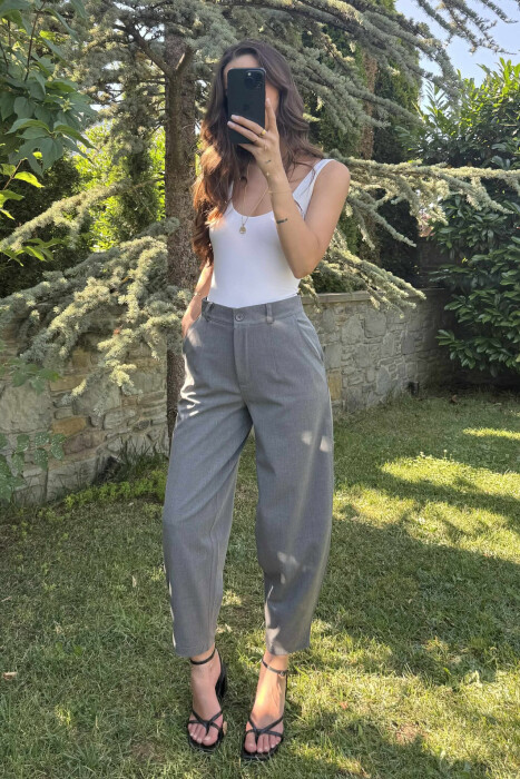 ONE COLOR SEMI ELASTIC WAIST WOMEN TROUSERS GREY/GRI - 2