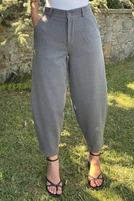ONE COLOR SEMI ELASTIC WAIST WOMEN TROUSERS GREY/GRI - 3