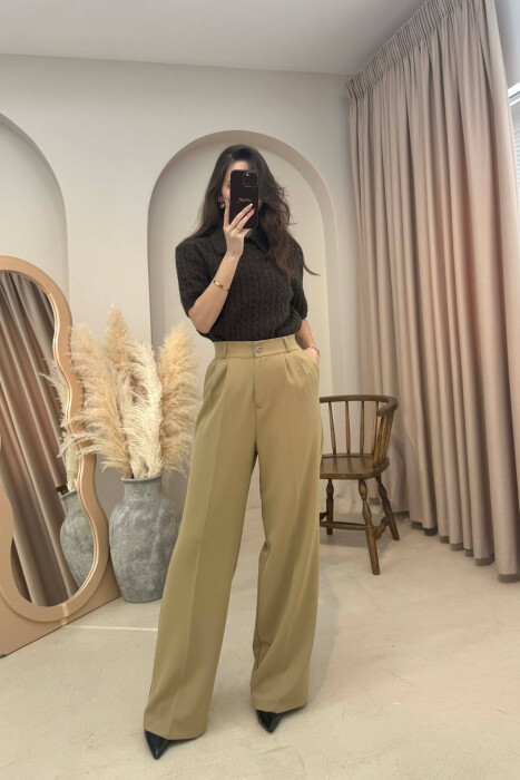 ONE COLOR SEMI ELASTIC WAIST WOMEN TROUSERS KHAKI / KAKI - 1