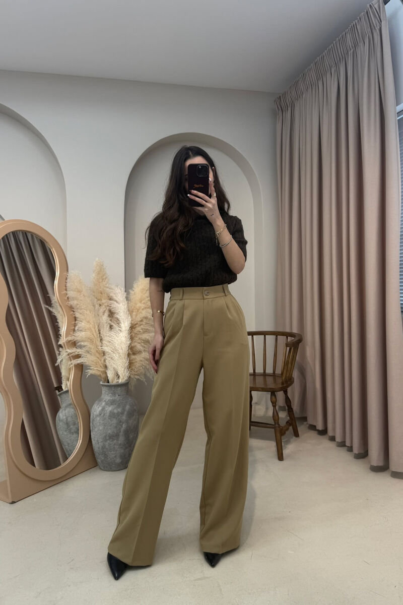 ONE COLOR SEMI ELASTIC WAIST WOMEN TROUSERS KHAKI / KAKI - 2