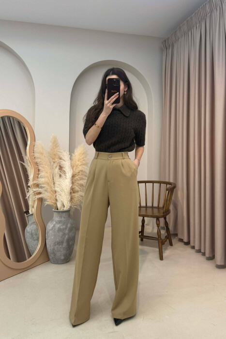 ONE COLOR SEMI ELASTIC WAIST WOMEN TROUSERS KHAKI / KAKI - 3