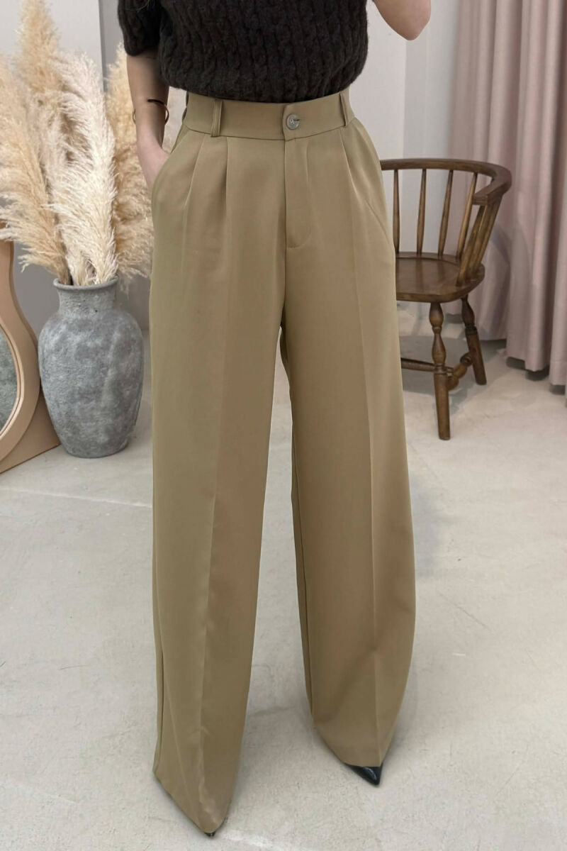 ONE COLOR SEMI ELASTIC WAIST WOMEN TROUSERS KHAKI / KAKI - 4