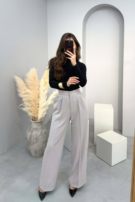 ONE COLOR SEMI ELASTIC WAIST WOMEN TROUSERS LIGHT GREY/GZ - KLAUDIO FASHION
