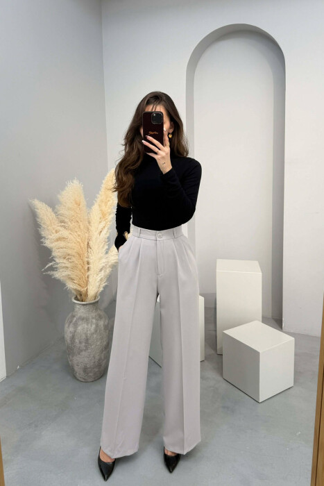 ONE COLOR SEMI ELASTIC WAIST WOMEN TROUSERS LIGHT GREY/GZ - 2