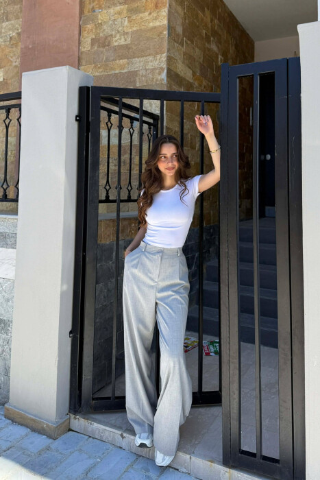 ONE COLOR SEMI ELASTIC WAIST WOMEN TROUSERS LIGHT GREY/GZ - KLAUDIO FASHION