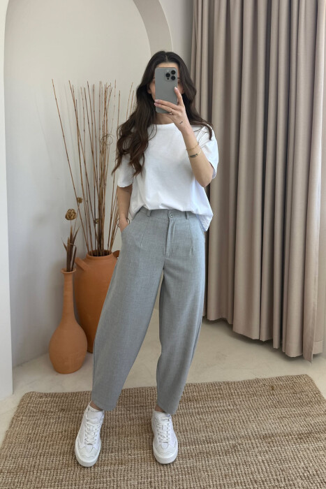 ONE COLOR SEMI ELASTIC WAIST WOMEN TROUSERS LIGHT GREY/GZ - 1