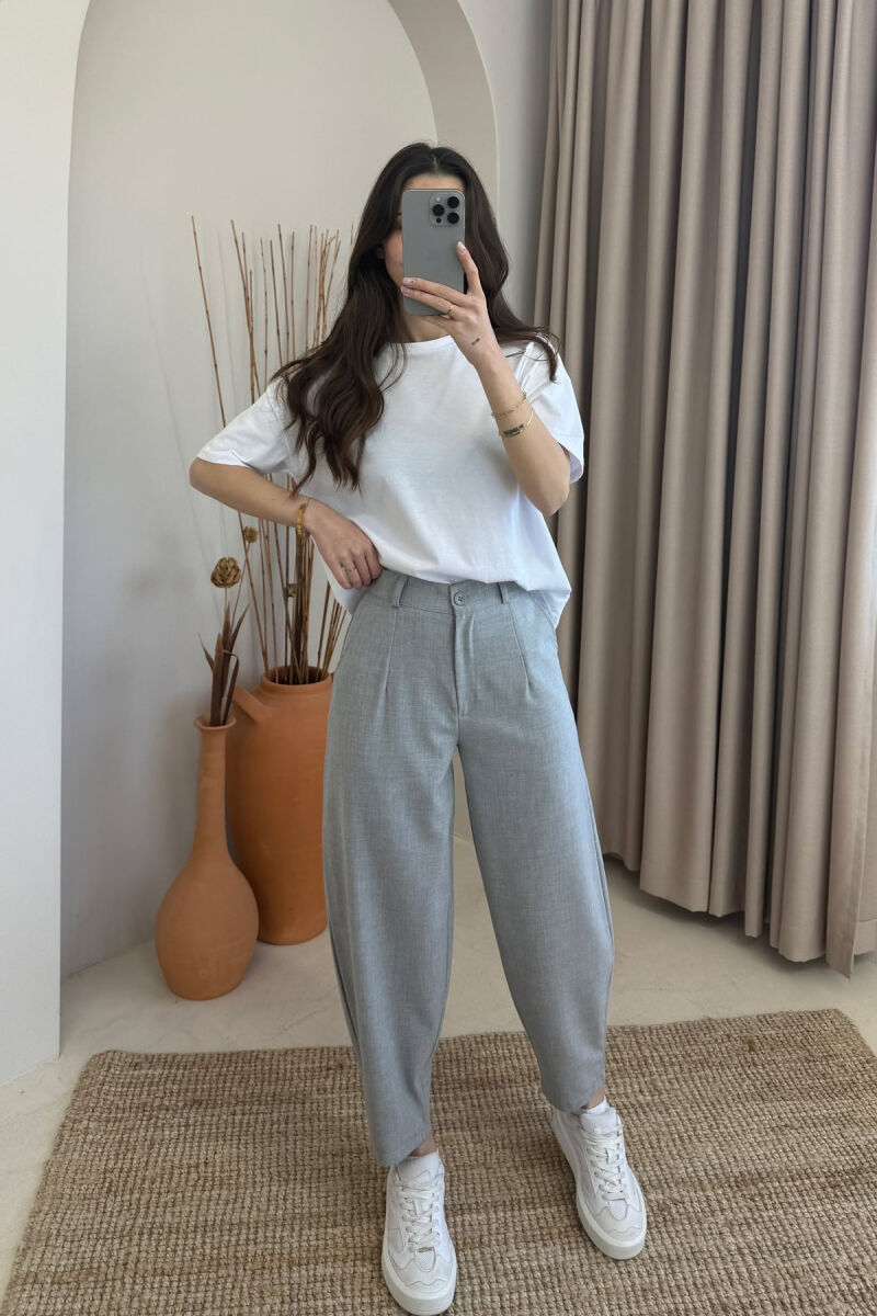ONE COLOR SEMI ELASTIC WAIST WOMEN TROUSERS LIGHT GREY/GZ - 4