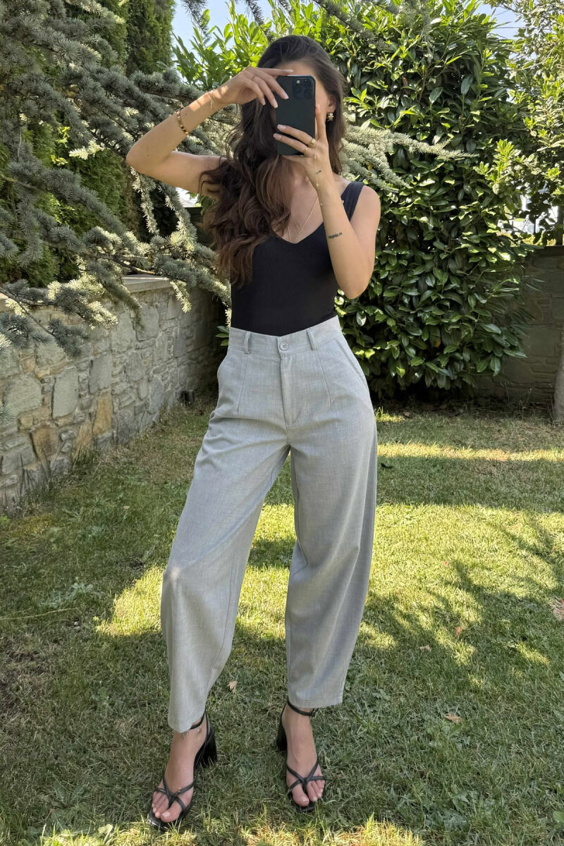 ONE COLOR SEMI ELASTIC WAIST WOMEN TROUSERS LIGHT GREY/GZ - 1