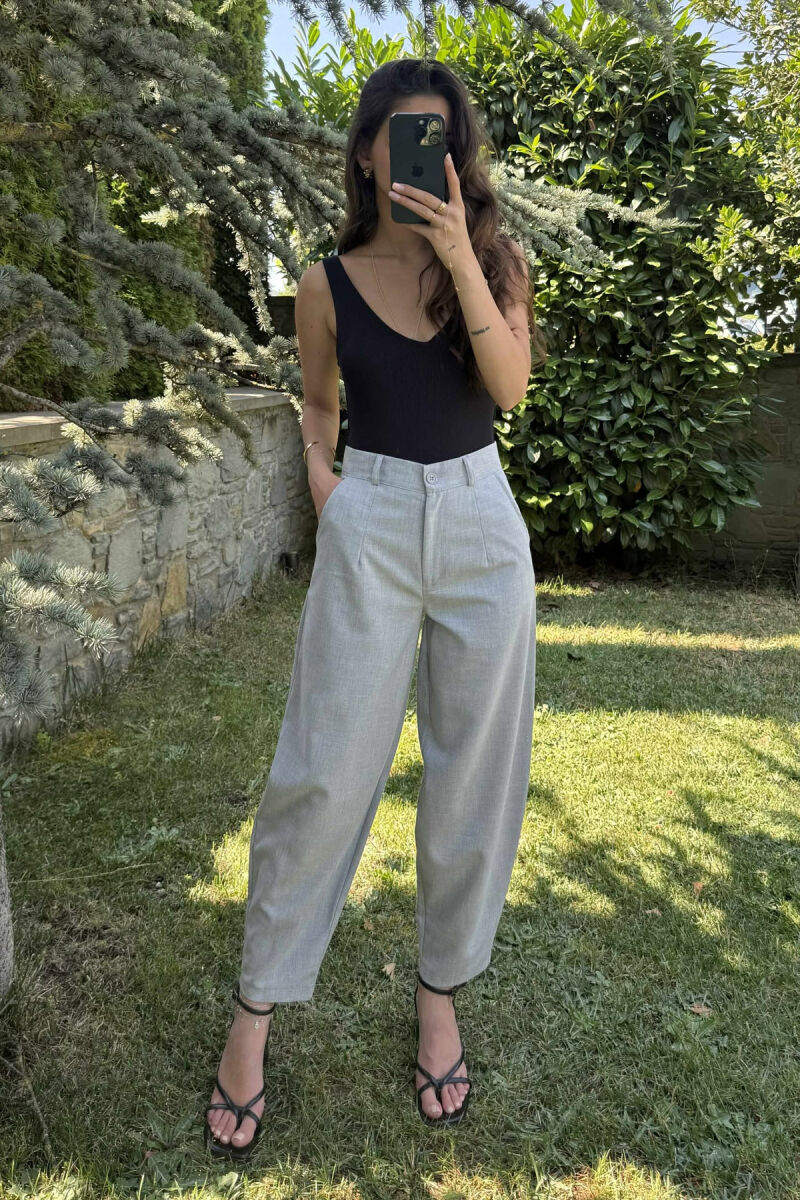 ONE COLOR SEMI ELASTIC WAIST WOMEN TROUSERS LIGHT GREY/GZ - 2