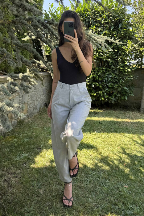 ONE COLOR SEMI ELASTIC WAIST WOMEN TROUSERS LIGHT GREY/GZ - 3