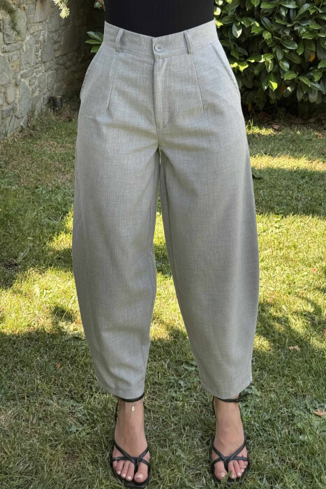 ONE COLOR SEMI ELASTIC WAIST WOMEN TROUSERS LIGHT GREY/GZ - 4