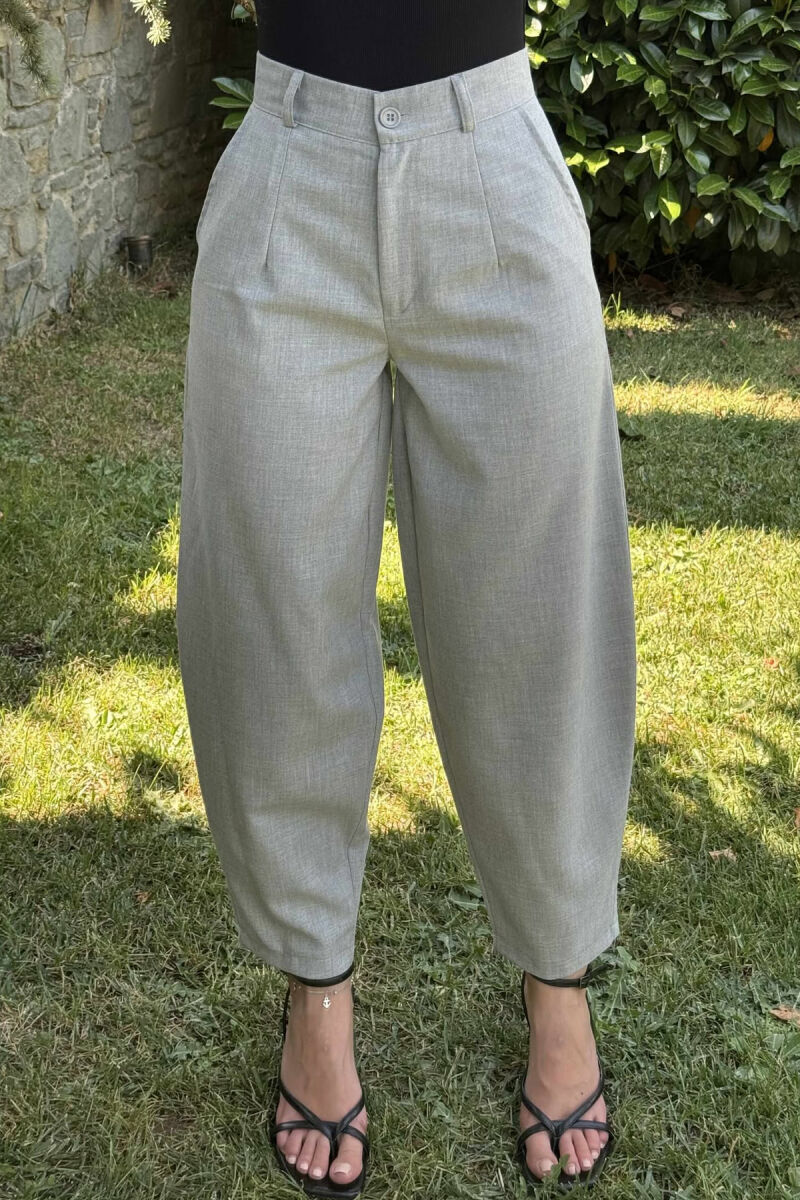 ONE COLOR SEMI ELASTIC WAIST WOMEN TROUSERS LIGHT GREY/GZ - 4